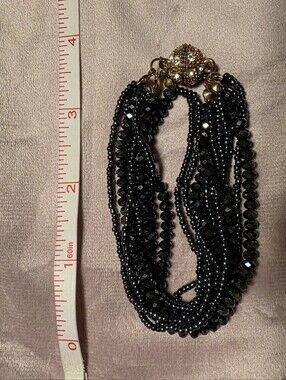 Multi Strand Black Beaded Bracelet Magnetic Rhinestone Clasp Vintage Style